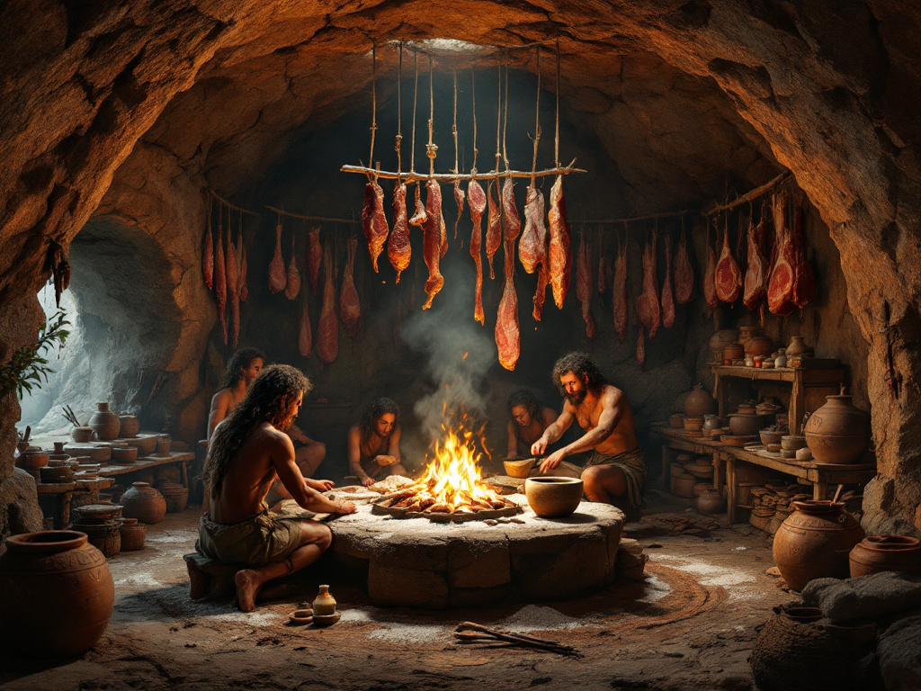 An ancient stone chamber with hanging meats, clay pots, and a fire pit. 