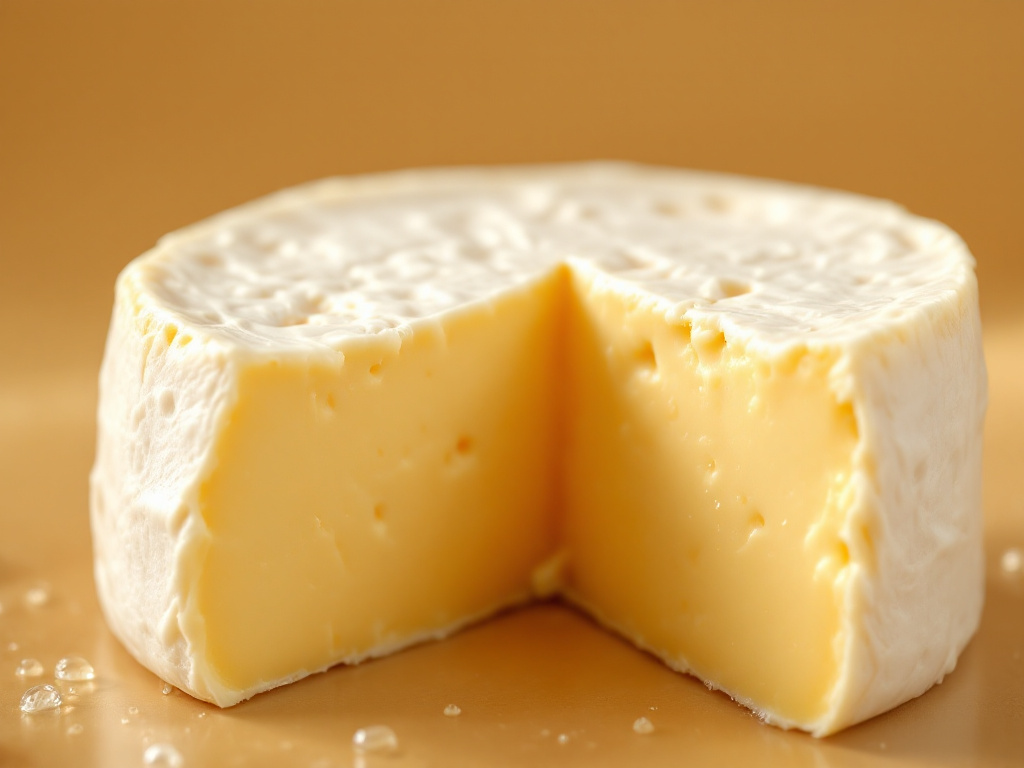 A close-up image of a wheel of Camembert cheese with a white, bloomy rind, showcasing its creamy interior.