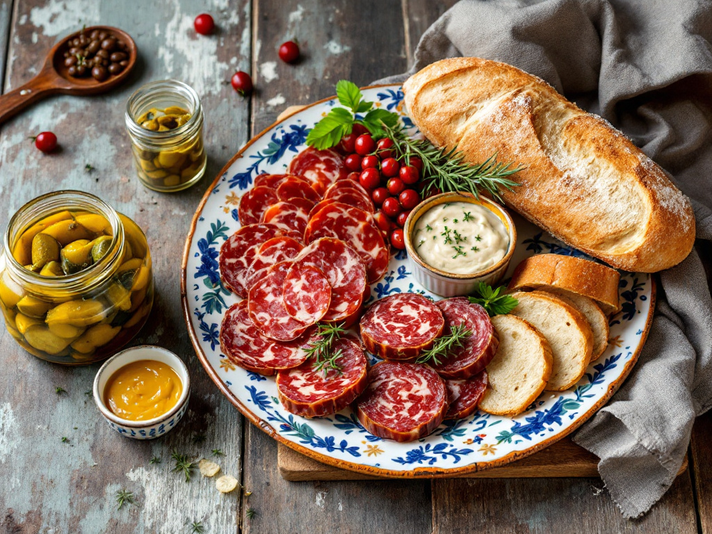 A rustic French charcuterie platter with bread, pickles, and mustard.