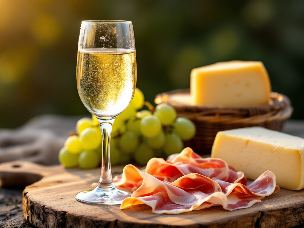 A glass of Prosecco paired with thinly sliced prosciutto on a wooden board, with grapes and cheese in the background.