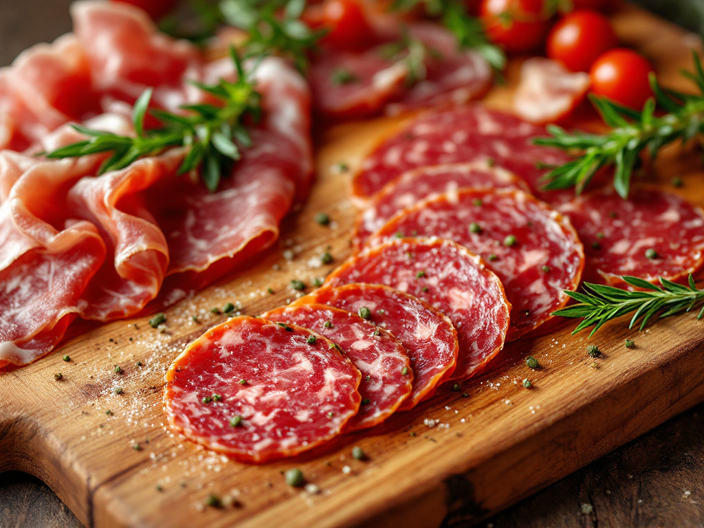 A close-up of a variety of Italian cured meats, including salami, prosciutto, and bresaola.