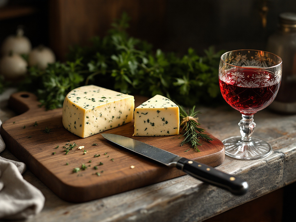 A kitchen scene with a cutting board, a knife, and a block of Roquefort cheese ready to be sliced, surrounded by fresh herbs and a glass of red wine.