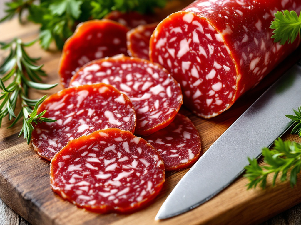 A close-up of Italian salami slices on a cutting board with a knife, surrounded by fresh herbs.