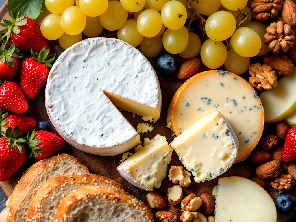 A beautifully arranged cheese board featuring both Camembert and Brie cheeses, surrounded by fresh fruits, nuts, and crusty bread.