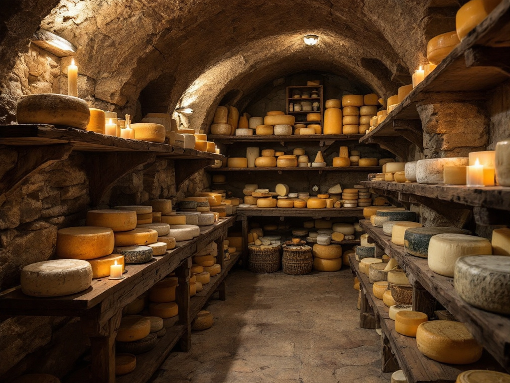 A French cheese cave with various types of cheese aging on wooden shelves, showcasing the natural environment where cheese is matured.