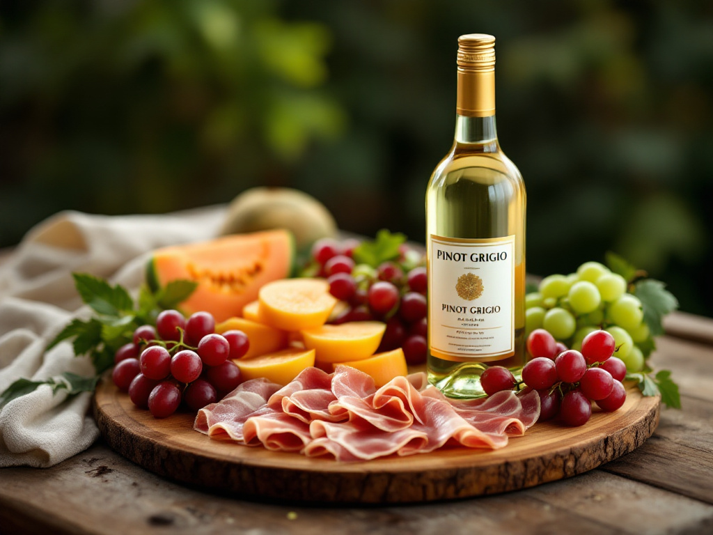 A bottle of Pinot Grigio next to a platter of prosciutto, melon, and grapes, showcasing the pairing of the wine and meat.