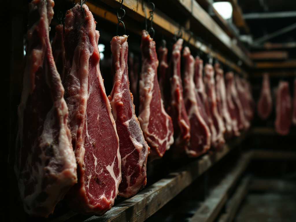 Meat hanging in a curing chamber, showing the different stages of the curing process.