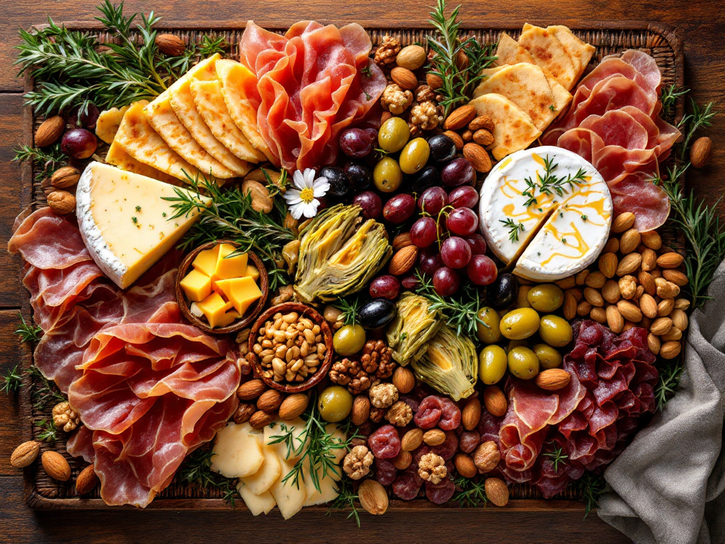 A charcuterie board filled with an assortment of deli meats, cheeses, olives, and nuts, with a focus on the variety and presentation.