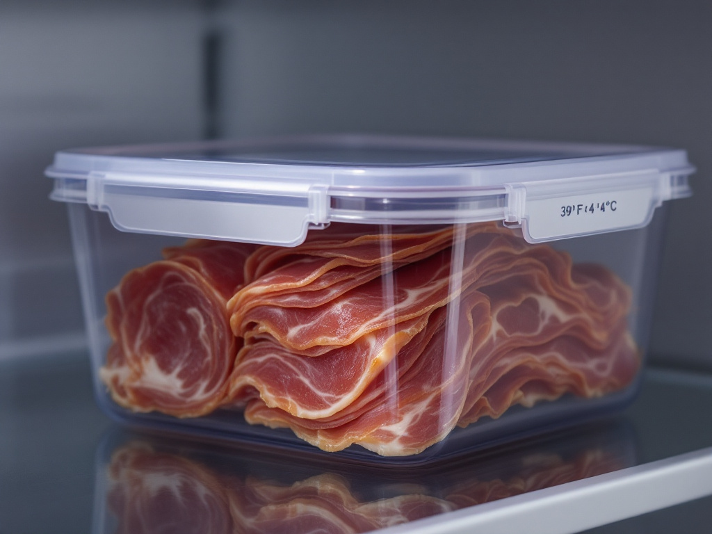  Prosciutto stored in an airtight container in the fridge, highlighting the ideal storage temperature.