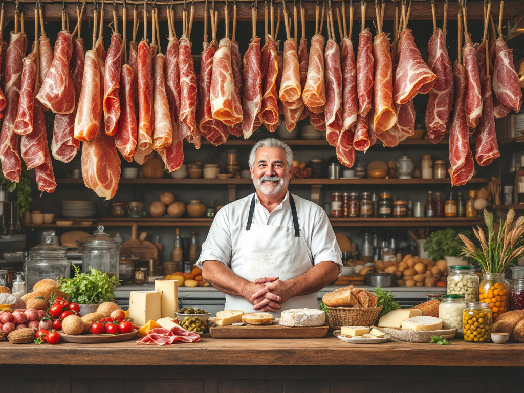 An image of a traditional Italian deli counter with hanging salami