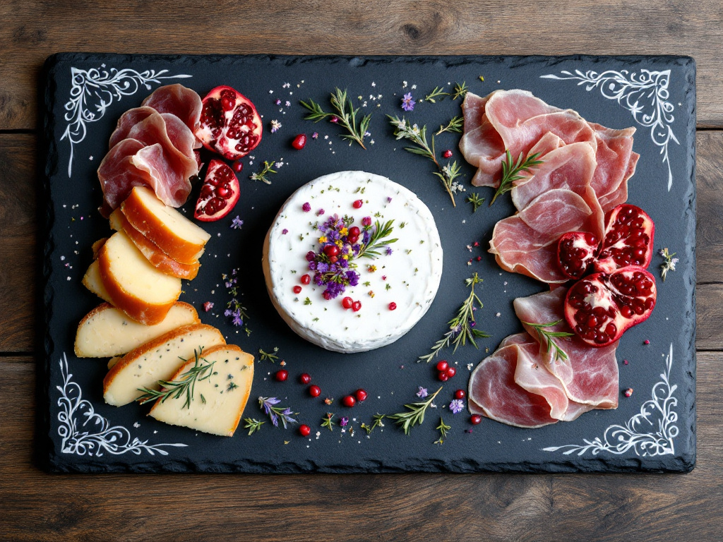 A slate serving platter with artfully arranged cheeses, meats, and garnishes, showcasing the elegance and coolness of the material.