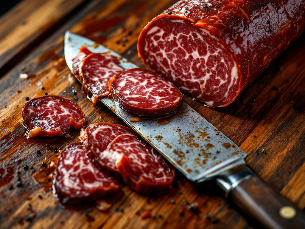 A close-up shot of a sliced saucisson de Lyon, showcasing its rich, marbled texture and the rustic knife and cutting board used to slice it.