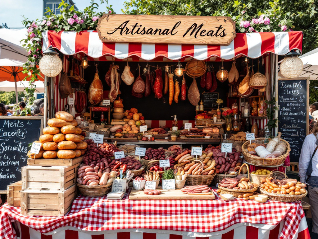  A bustling farmers market stall showcasing an array of artisanal cured meats.