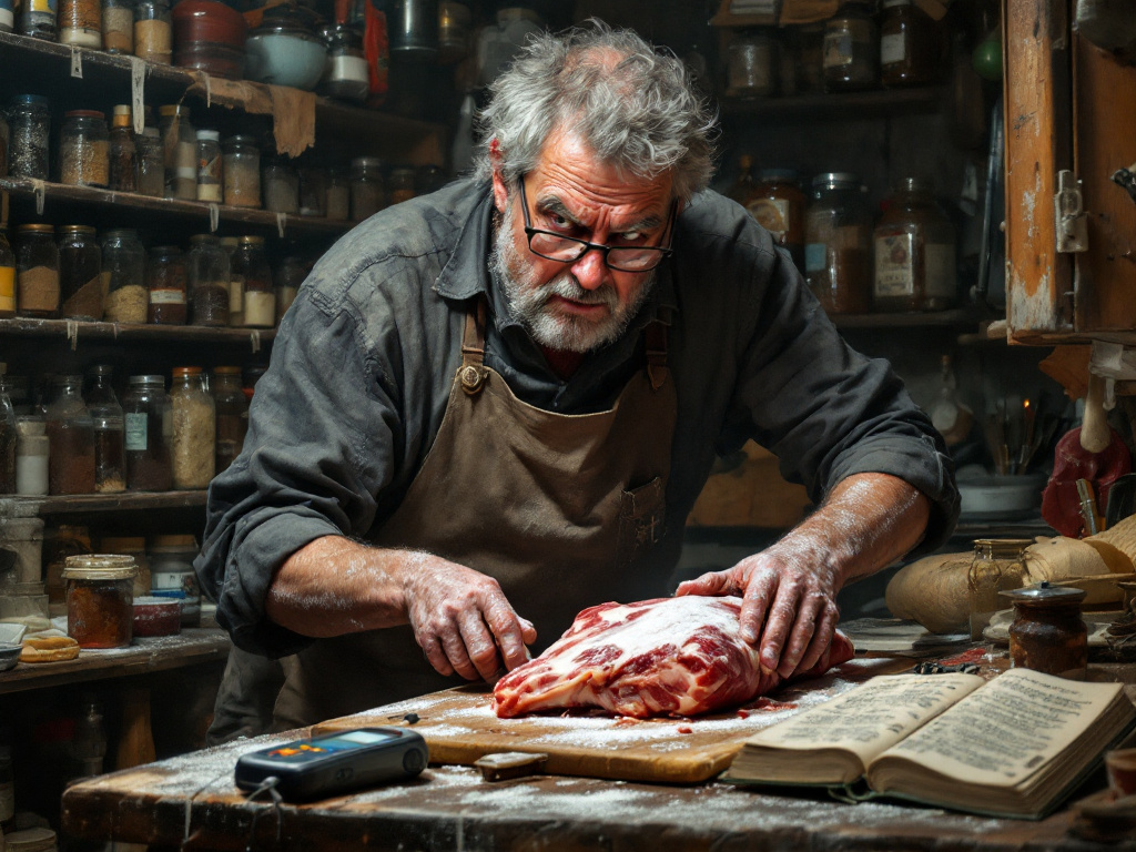 A person struggling to cure meat, with a frustrated expression, surrounded by curing tools and ingredients.