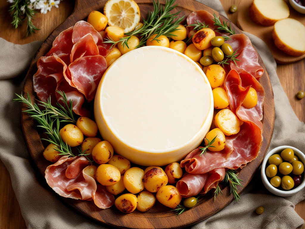 A cheese board with Reblochon cheese, surrounded by crispy roasted potatoes, fresh herbs, cured meats, pickles, and olives, flat lay photography.