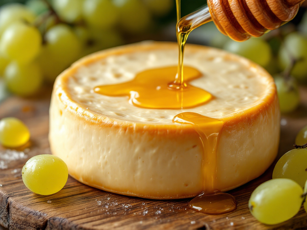 A close-up image of a creamy Camembert cheese, showcasing its rich, buttery texture and earthy undertones.