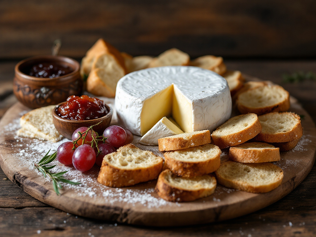 A beautifully arranged cheese board featuring Brie de Meaux, with slices of crusty bread, fresh grapes, and a small bowl of fruity jam.