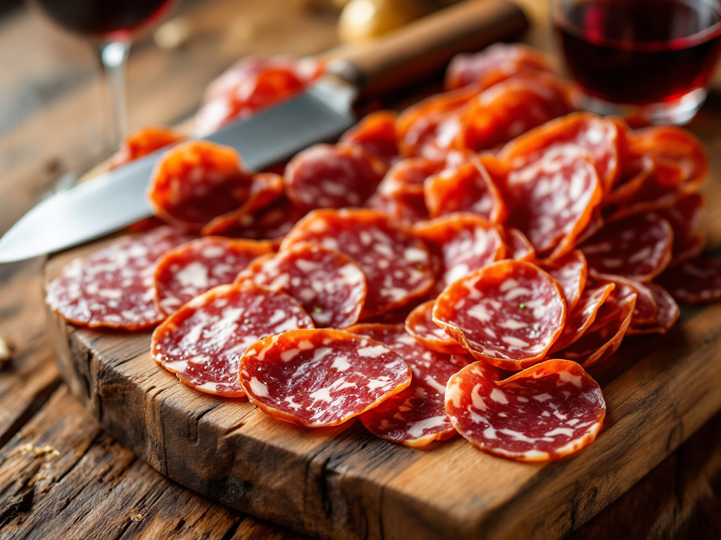 A close-up image of a variety of authentic Italian salami slices arranged on a wooden cutting board