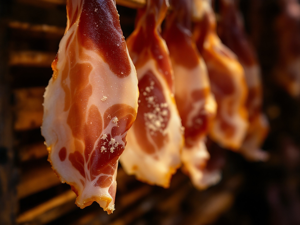 Aging Prosciutto - A close-up of prosciutto hanging in a temperature-controlled room