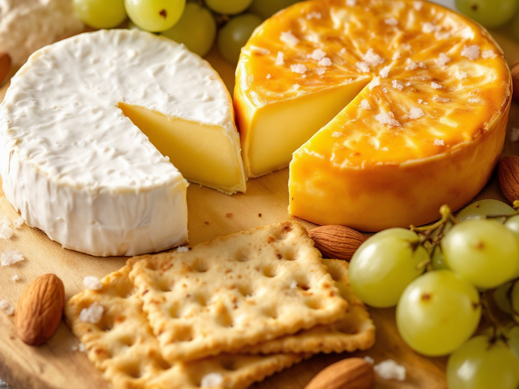 A close-up of a cheese board with a variety of French Brie cheeses, crackers, grapes, and nuts, showcasing the creamy textures and rich flavors of the cheeses.