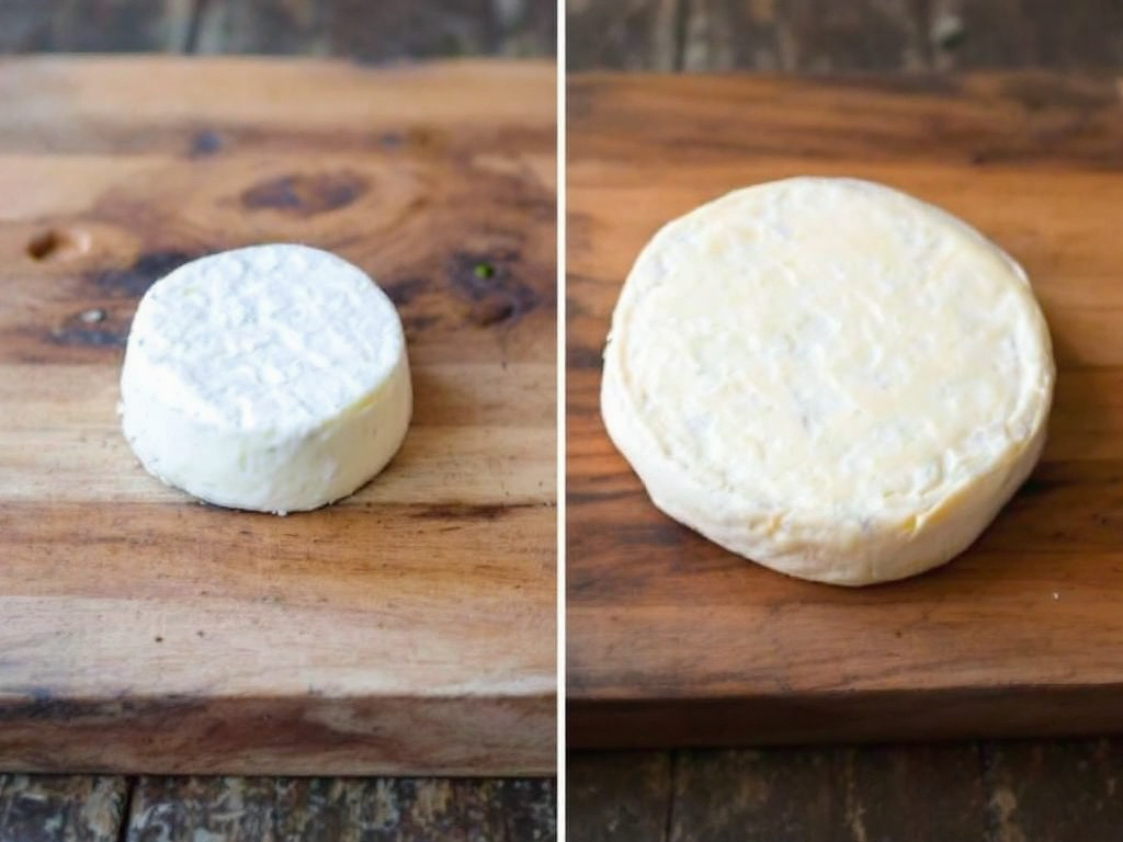 A side-by-side comparison of Camembert and Brie cheeses, highlighting their distinct textures and rinds.