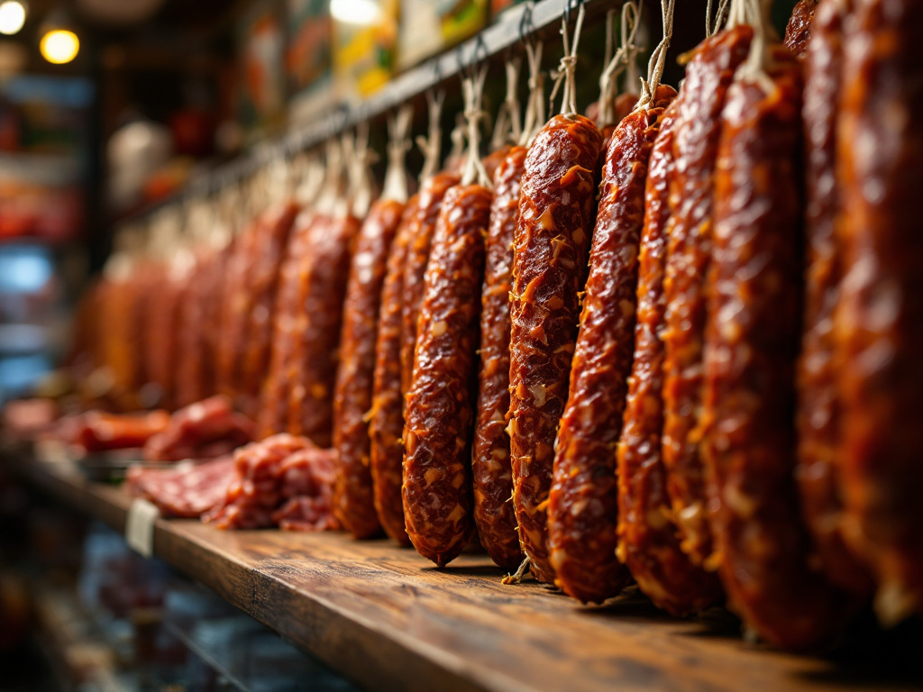 A close-up of a traditional Italian deli counter showcasing hanging salamis.