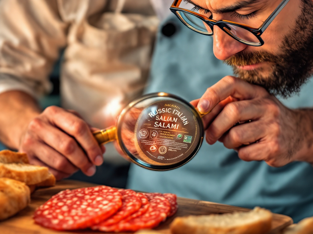 A person carefully examining the label of an Italian salami package.