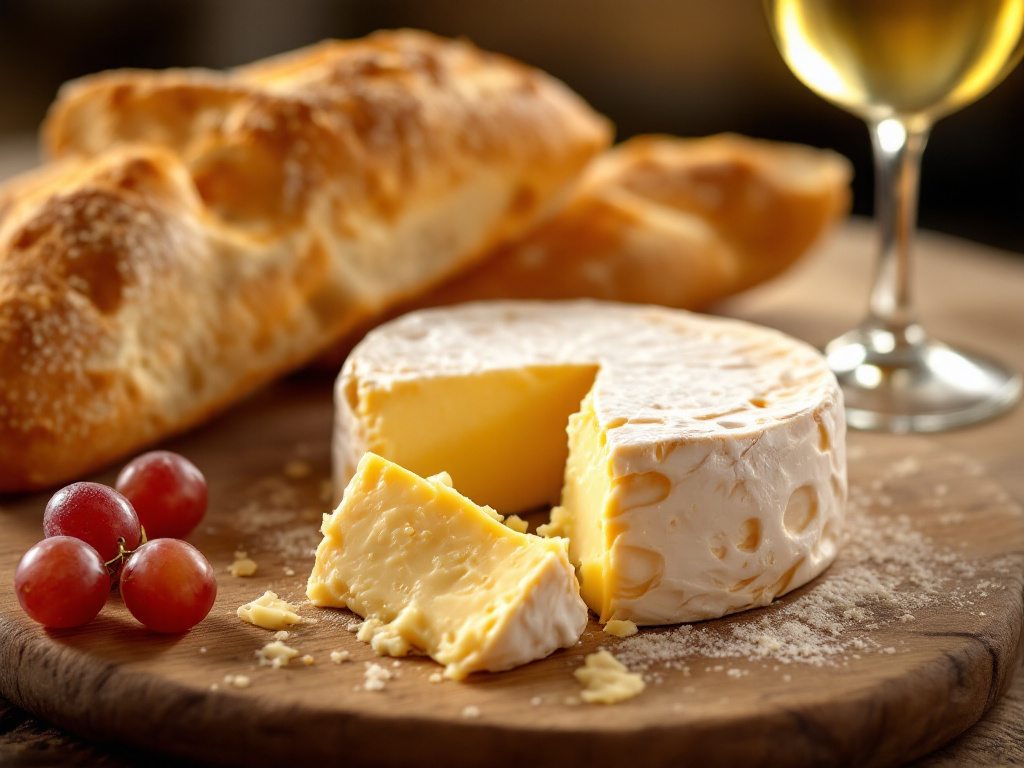 A visually appealing image of a Brie cheese, highlighting its velvety texture and subtle nutty flavor