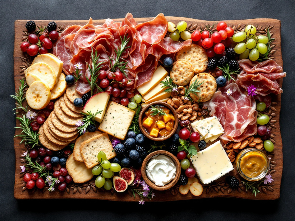  A charcuterie board featuring sustainably and ethically sourced ingredients.