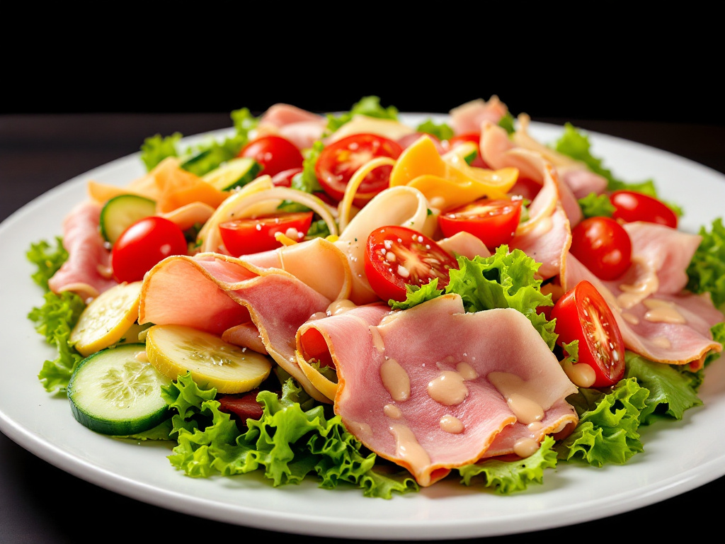 A healthy salad made with deli meats, leafy greens, cherry tomatoes, cucumbers, and a light dressing.