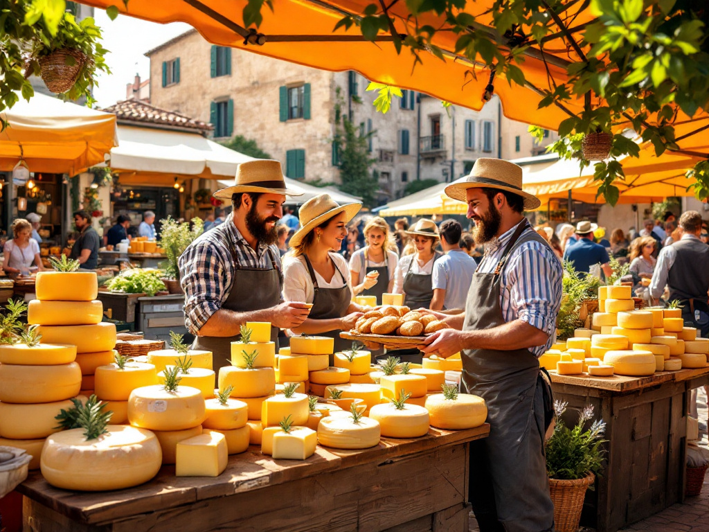 An image of a bustling farmers' market, showcasing local cheese makers selling fresh, farm-produced French chevre.