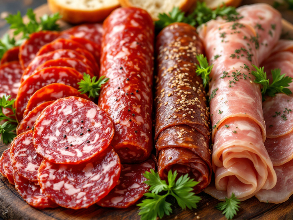  An assortment of salami varieties with different spice profiles.
