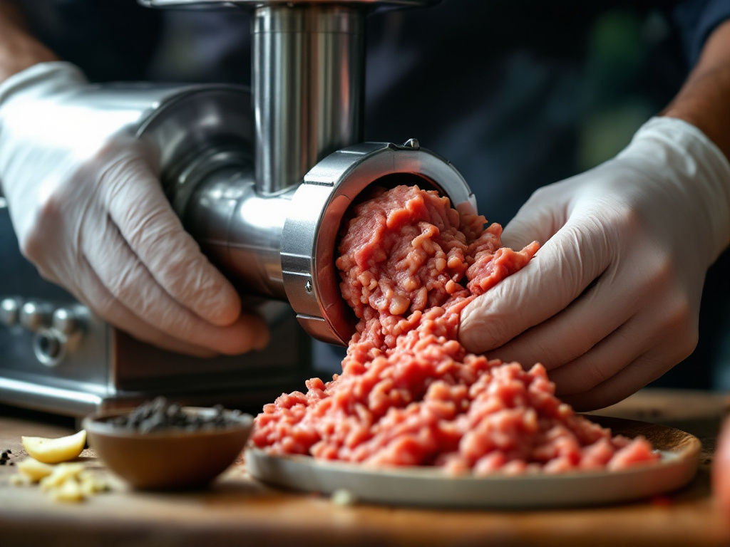 A close-up of a person's hands carefully grinding fresh pork meat using a high-quality meat grinder, with visible spices like black pepper and garlic nearby.