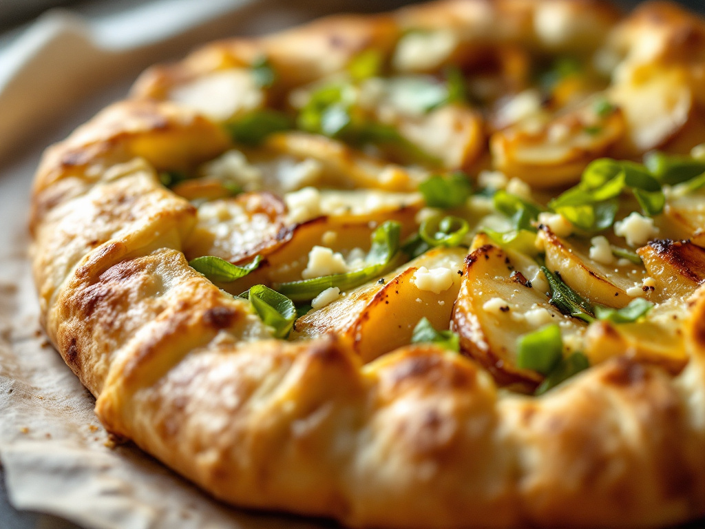 A savory galette with a flaky crust, filled with potatoes, leeks, and melted Reblochon cheese, close-up shot, natural lighting.