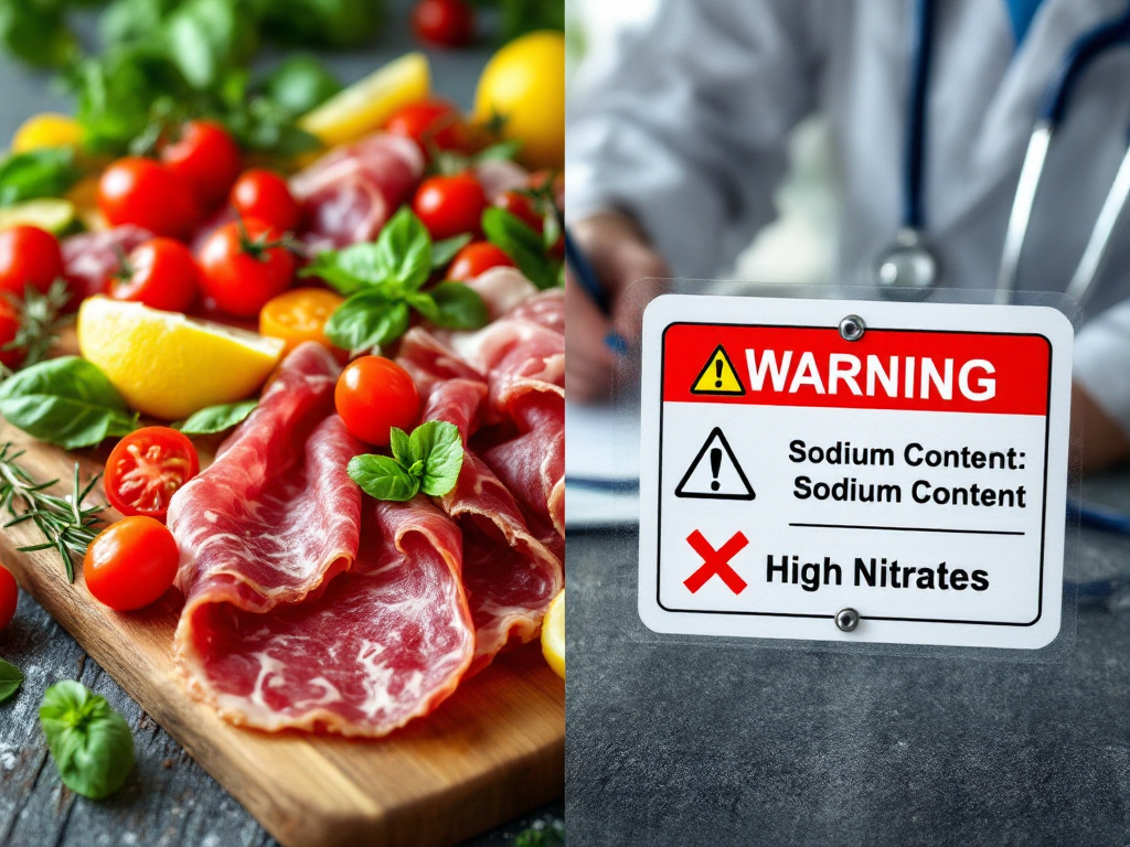 A split-screen image showing a healthy, balanced meal with cured meats on one side and a warning label about nitrates and sodium content on the other.