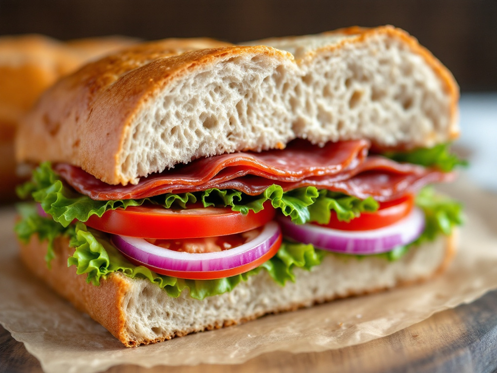 A sandwich made with Italian salami, fresh vegetables, and whole grain bread, cut in half to show the layers.