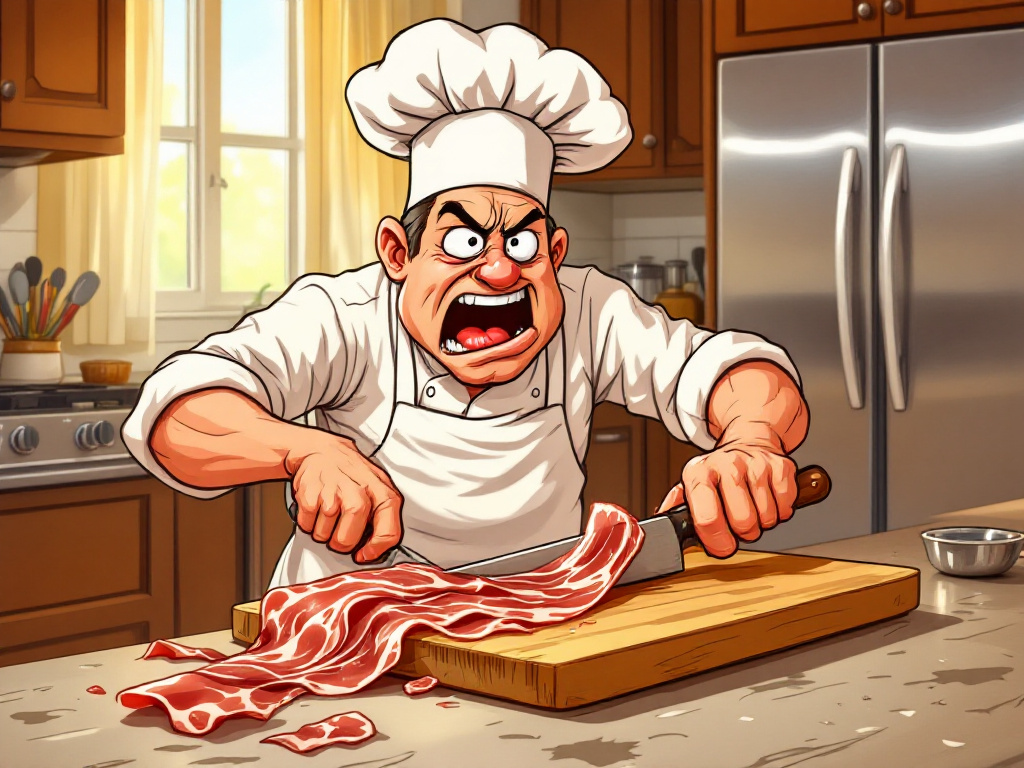 Slicing Prosciutto - A close-up of a chef carefully slicing premium prosciutto, showcasing the delicate texture and rich color of the meat.