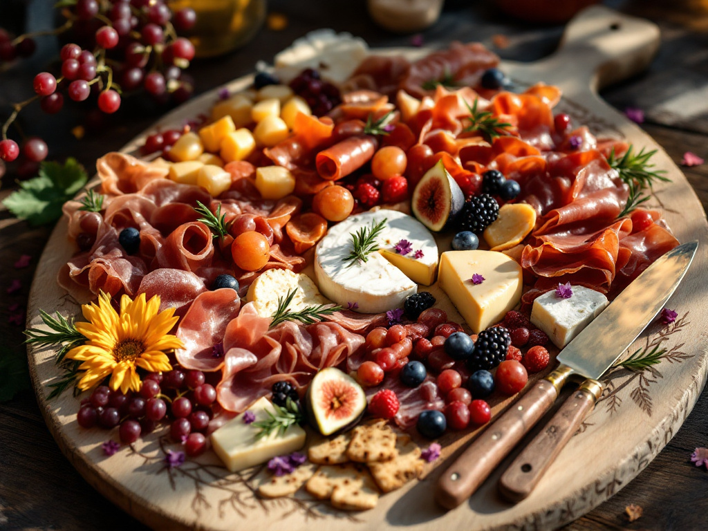  A beautifully arranged charcuterie board, showcasing an array of meats, cheeses, and accompaniments.