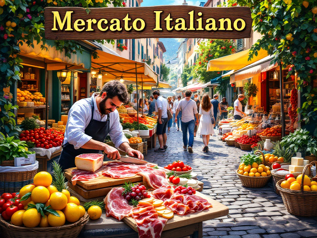 Italian Market with Prosciutto - A bustling Italian market scene with vendors selling freshly sliced prosciutto