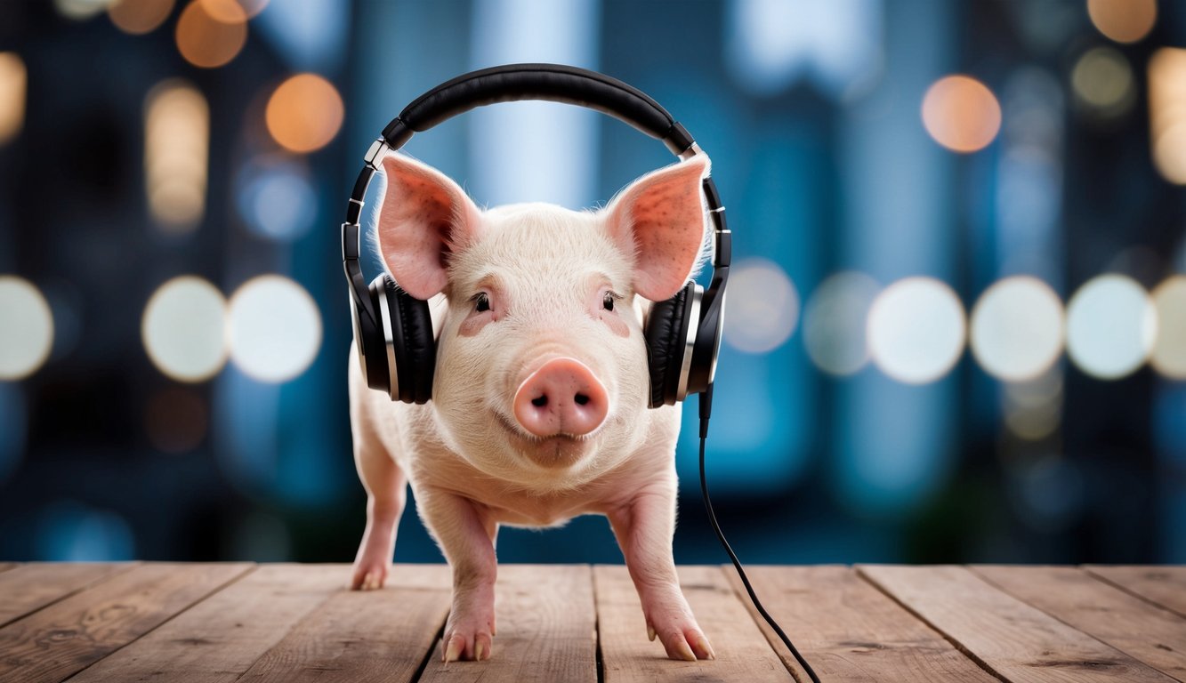 A pig with headphones on listening to music