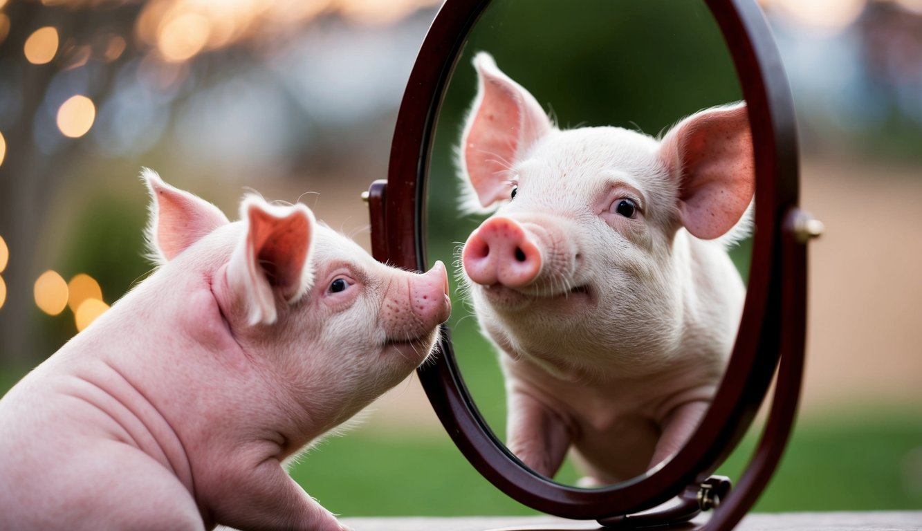 A cute pig looking in a mirror