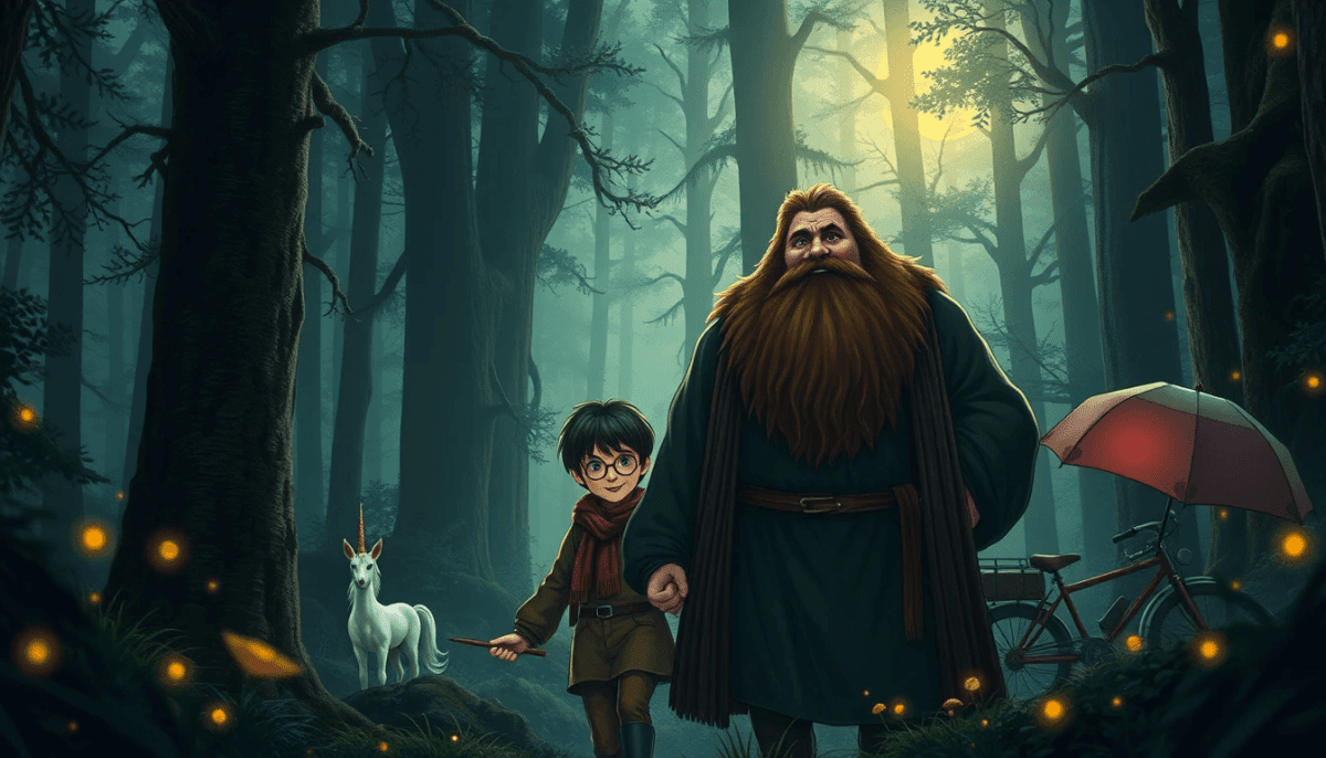 Harry Potter with Hagrid Explores the Forbidden Forest in Magical Journey