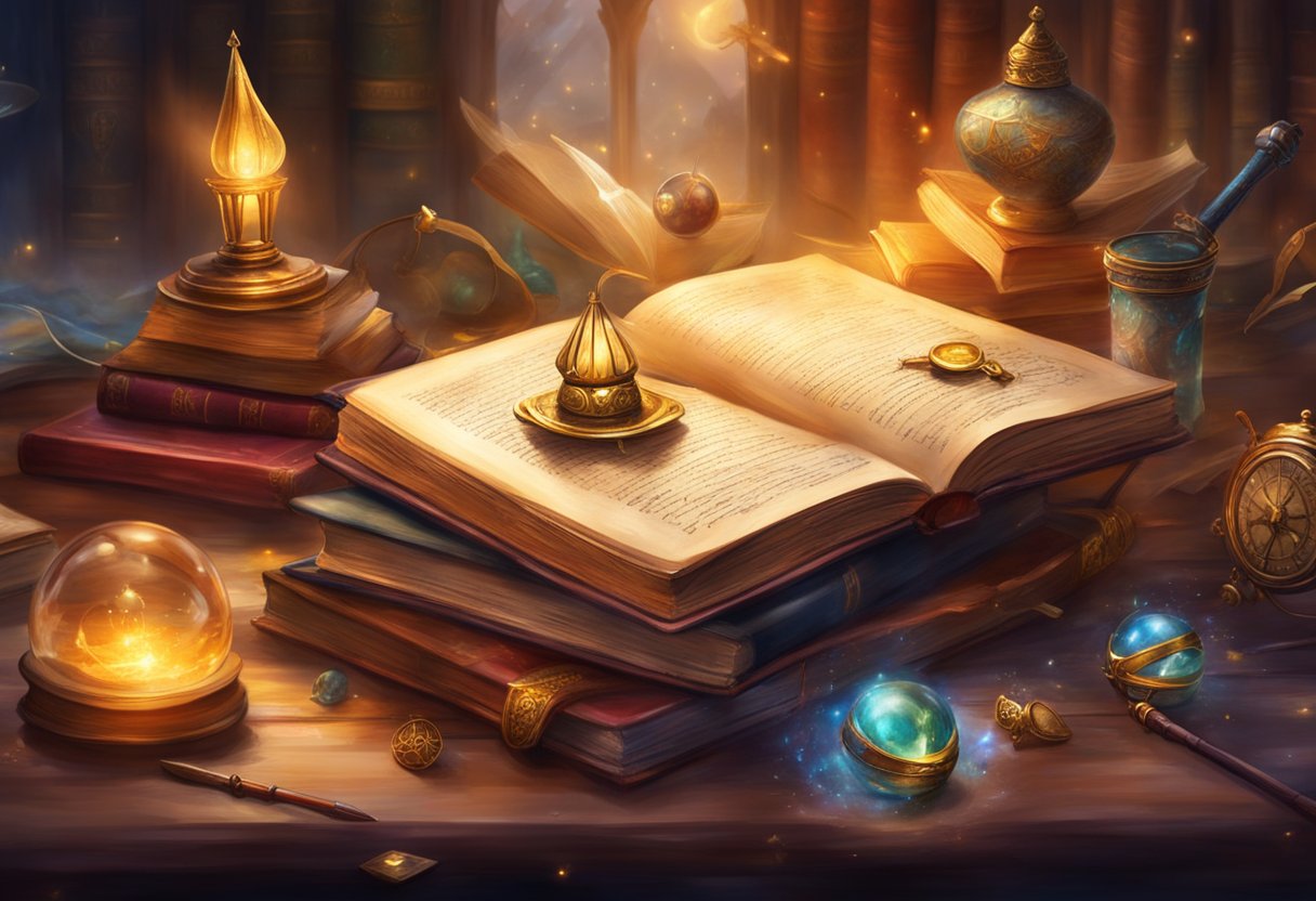A table with a stack of Hogwarts acceptance letters, a wand, a golden snitch, and a marauder's map