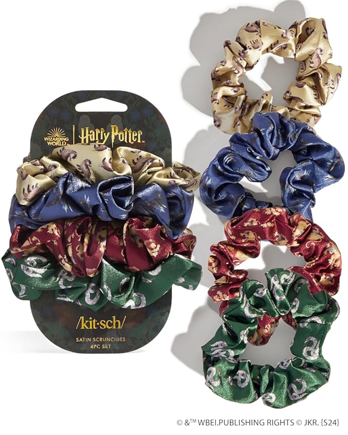 Harry Potter themed satin scrunchies featuring all four Hogwarts house crests
