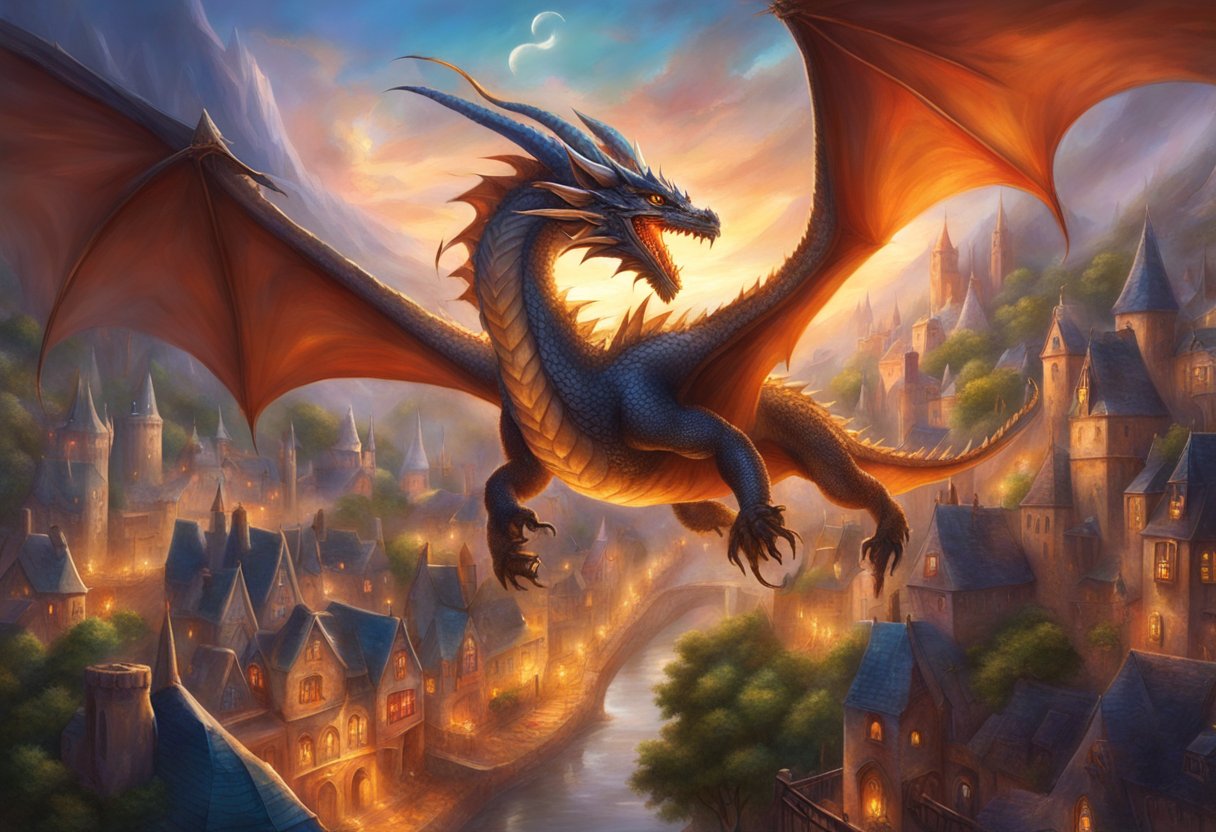 A majestic dragon soaring over a wizarding village, casting a shadow over the bustling streets and sending the residents into a frenzy