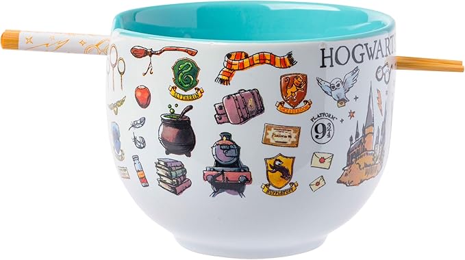 Harry Potter themed ceramic ramen bowl with chopsticks featuring magical icons
