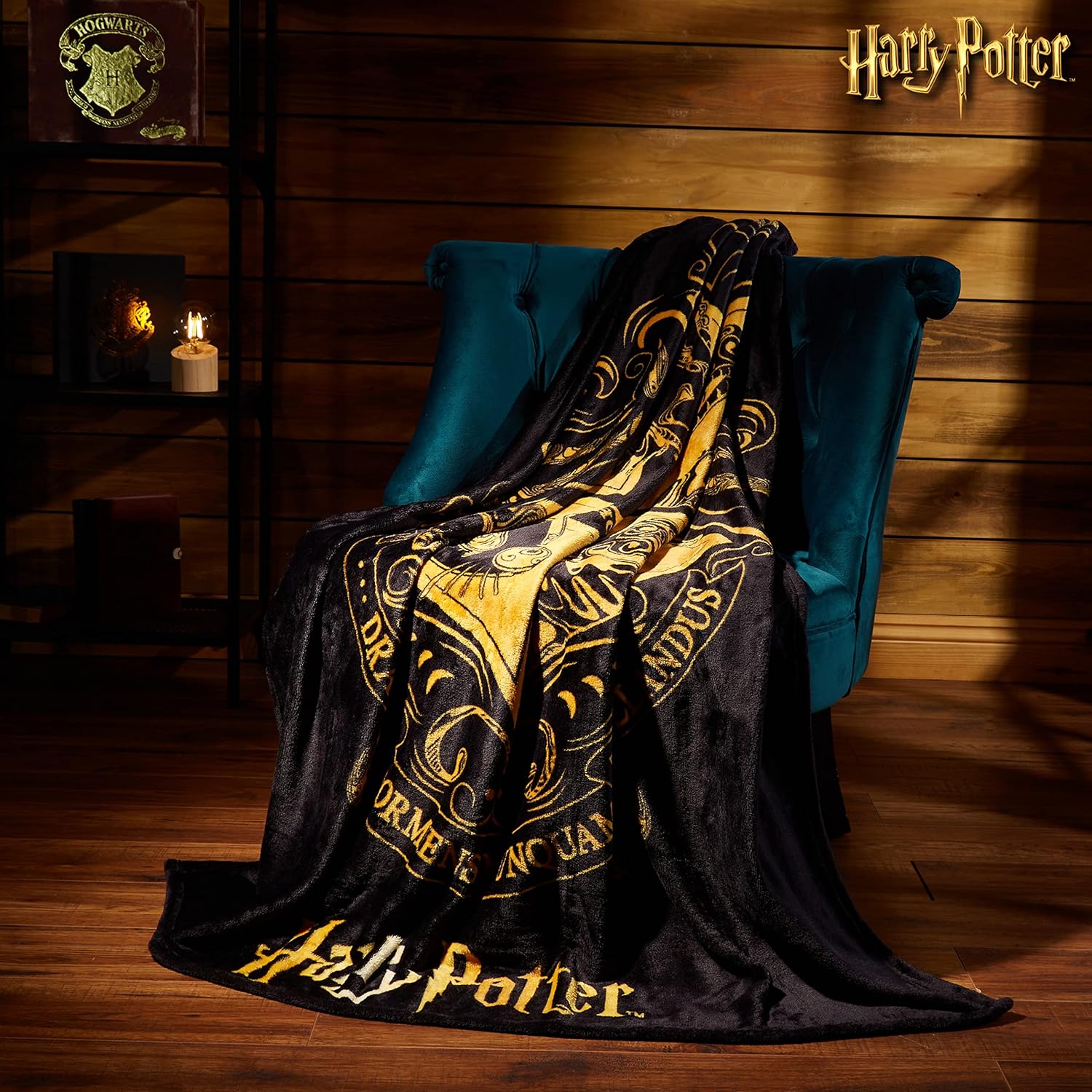 Harry Potter Hogwarts themed fleece throw blanket with house crests