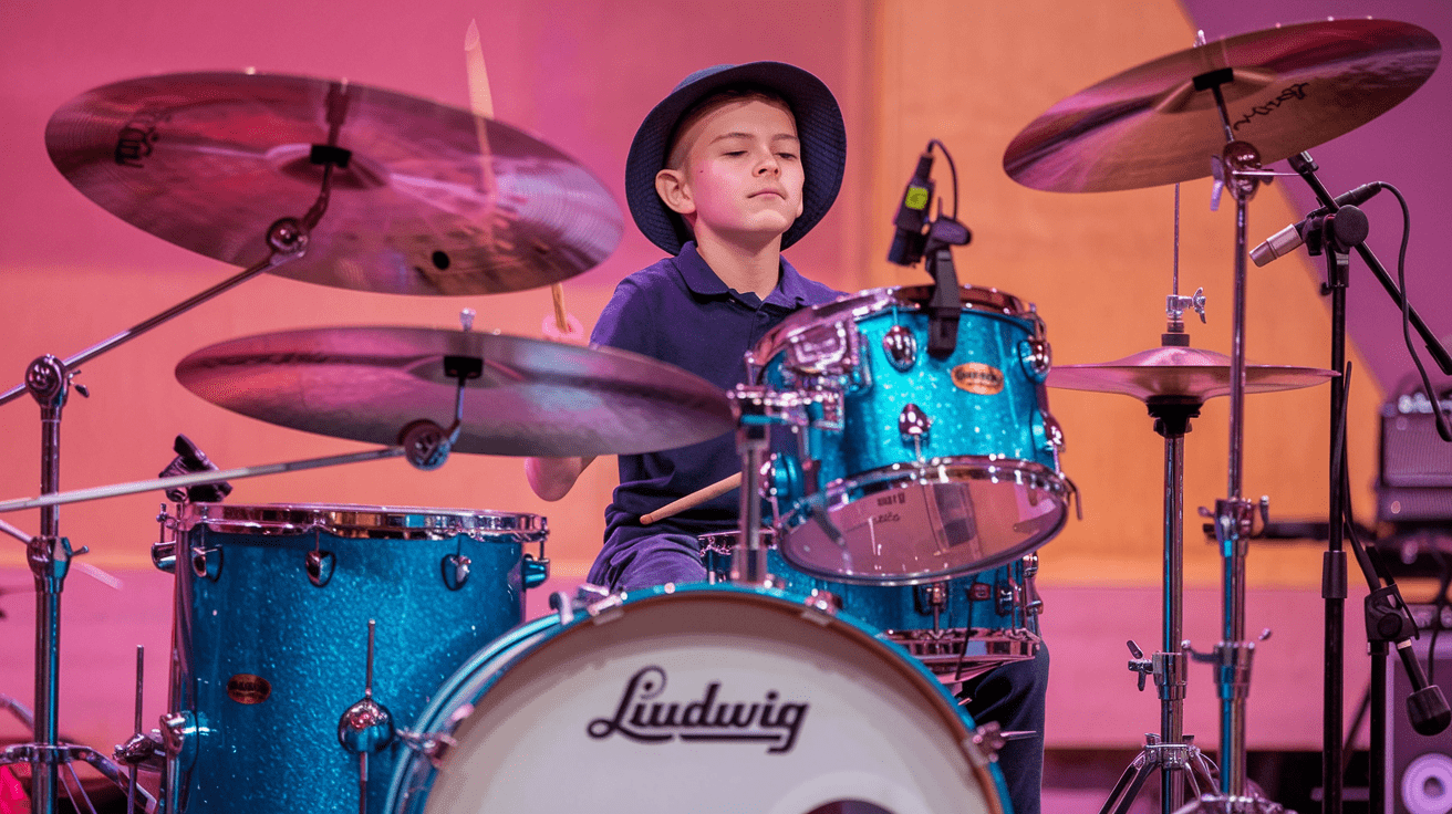 young boy playing drums