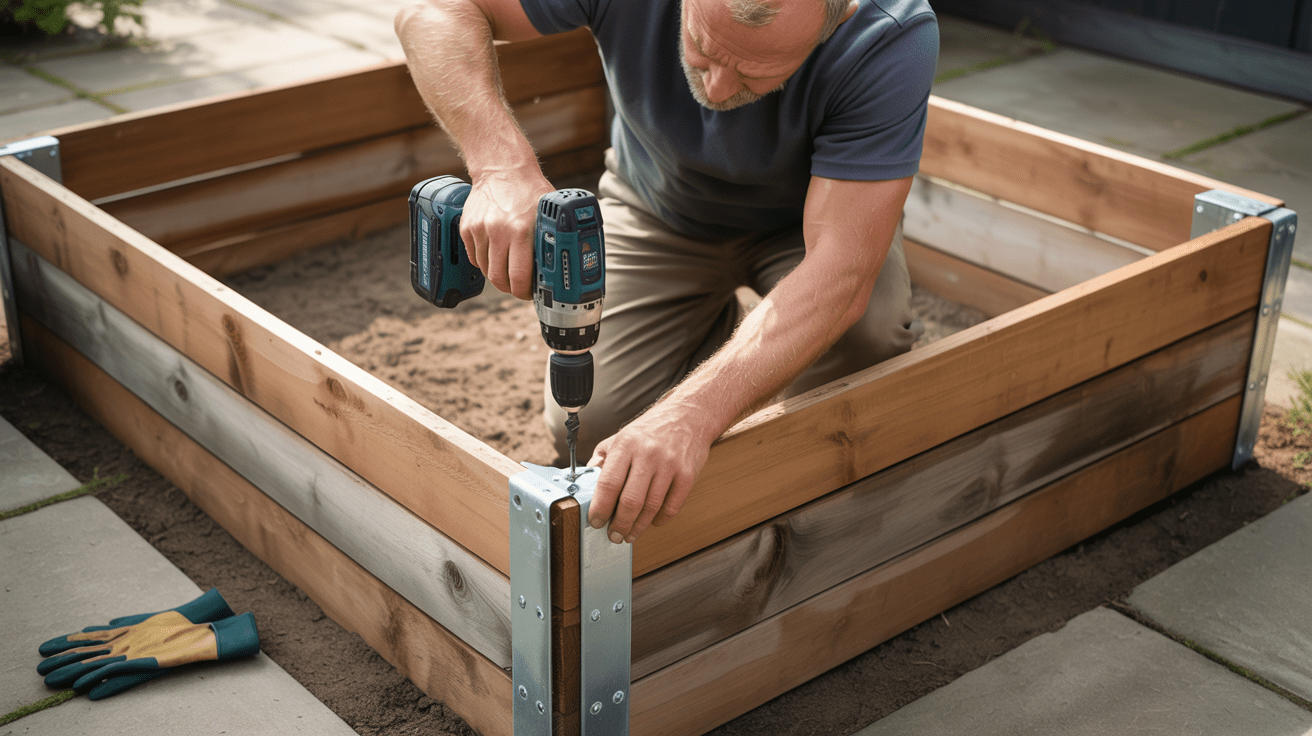 man attching metal braces to garden bed