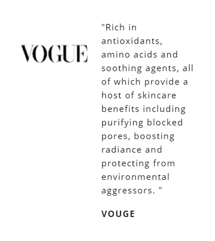 "Rich in antioxidants, amino acids and soothing agents, all of which provide a host of skincare benefits including purifying blocked pores, boosting radiance and protecting from environmental aggressors.	"